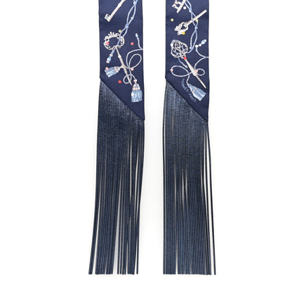 Hermes Silk Metallic Agneau Les Cles A Pois Fringed Twilly Bleu Marine Gris Argent Multicolor 2 of 4