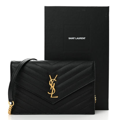 Saint Laurent Grain De Poudre Matelasse Chevron Monogram Envelope Chain Wallet Black 14 of 14