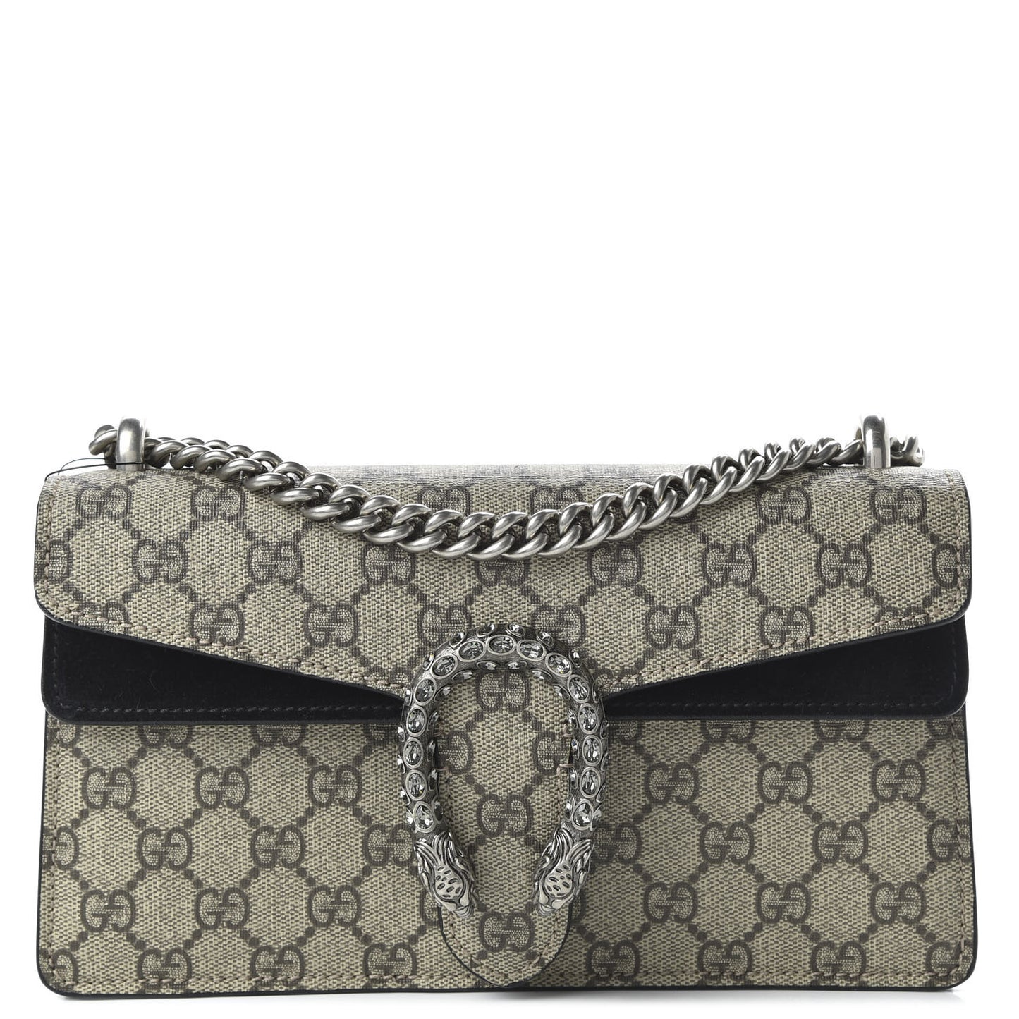 GG Supreme Monogram Suede Crystal Small Dionysus Shoulder Bag Beige Ebony Black