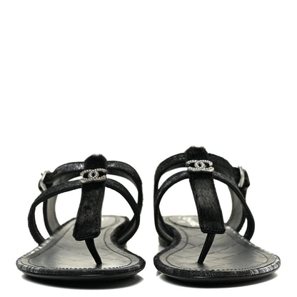 Chanel Metallic Calfskin Pony Hair CC Sandals 37 Black 2 of 9