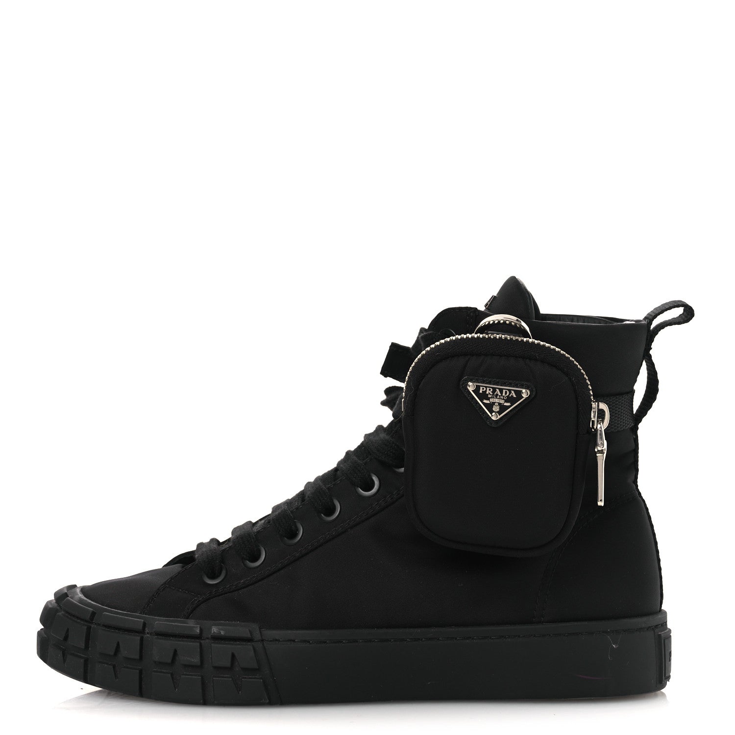 Prada Re-Nylon Gabardine Triangle Womens Wheel Pouch Pocket High Top Sneakers 38 Black 1 of 12