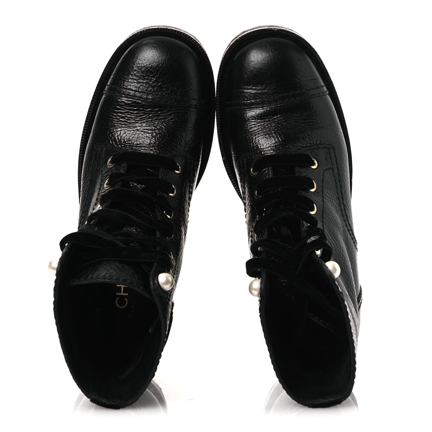 Shiny Calfskin Velvet Pearl Combat Short Boots 38 Black