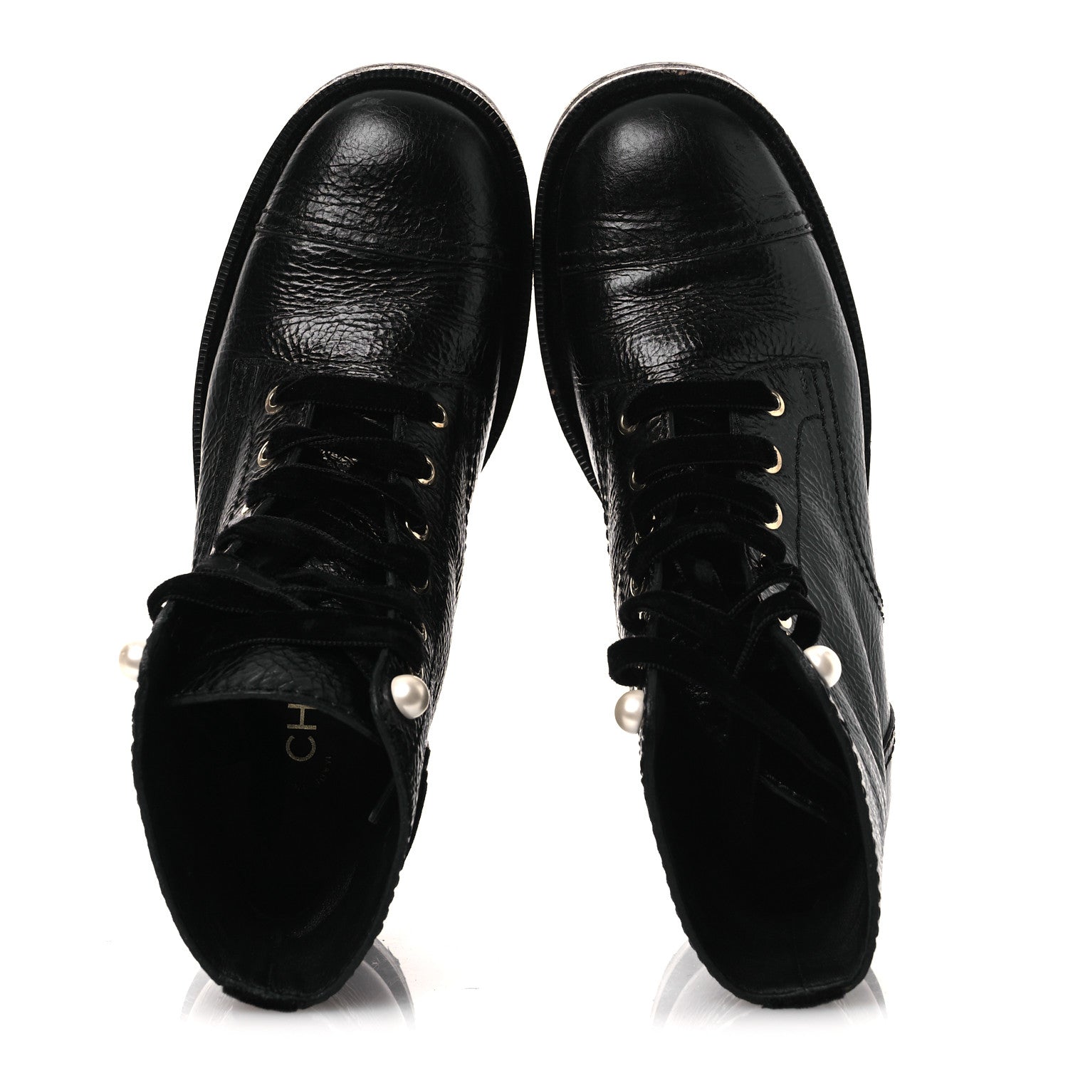 Chanel Shiny Calfskin Velvet Pearl Combat Short Boots 38 Black 2 of 14