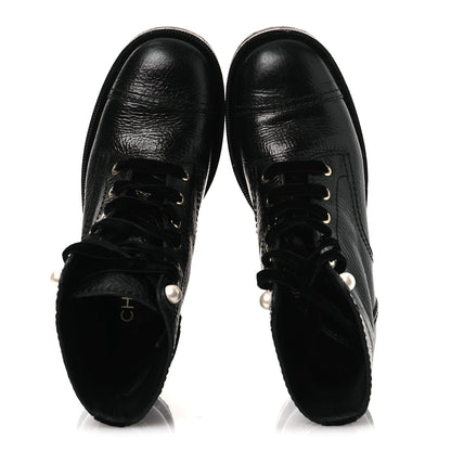 Chanel Shiny Calfskin Velvet Pearl Combat Short Boots 38 Black 2 of 14