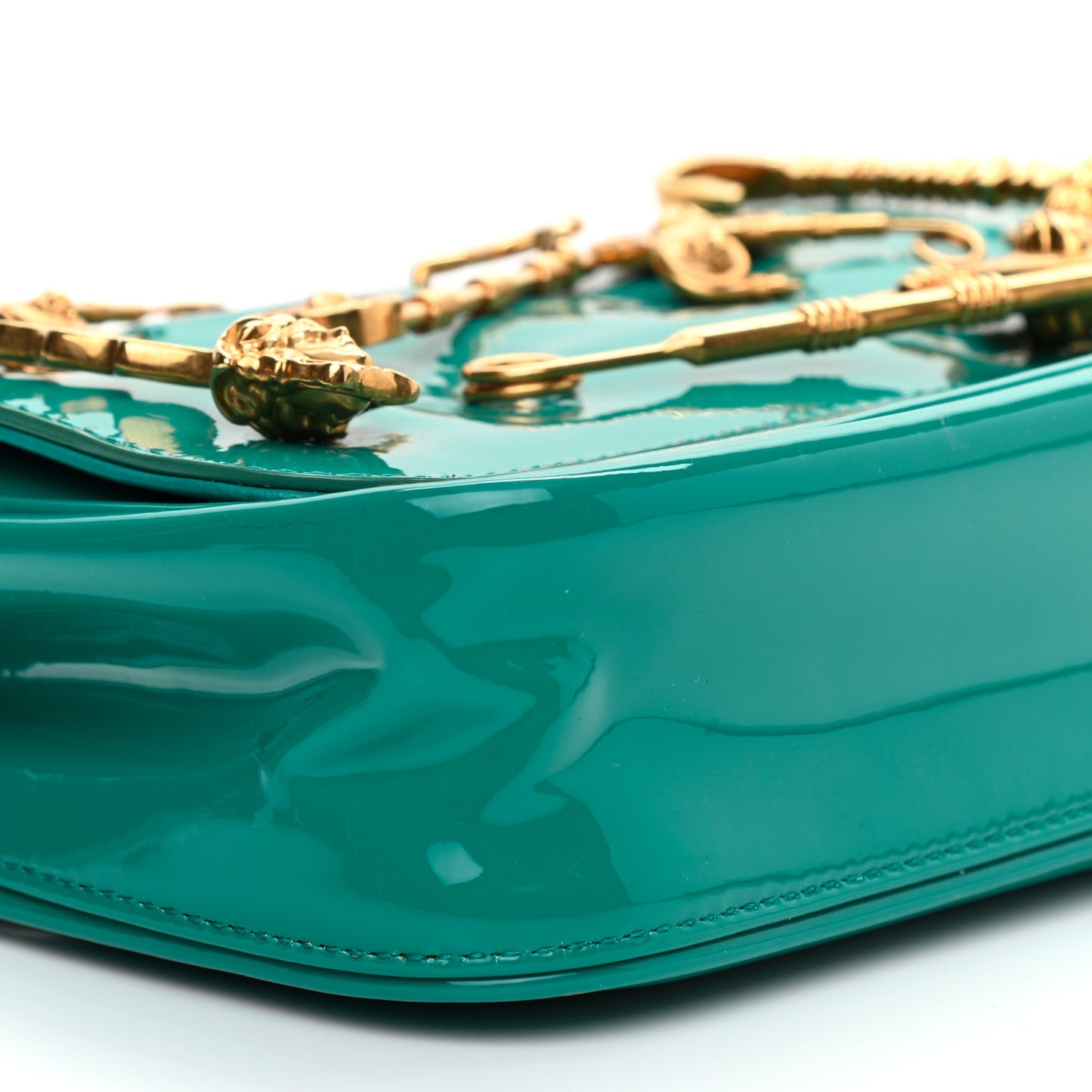 Patent Medusa Safety Pin Embellished Shoulder Bag Turquoise
