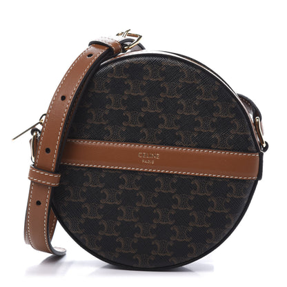 Celine Lambskin Triomphe Canvas Round Purse On Strap Black Tan 1 of 9