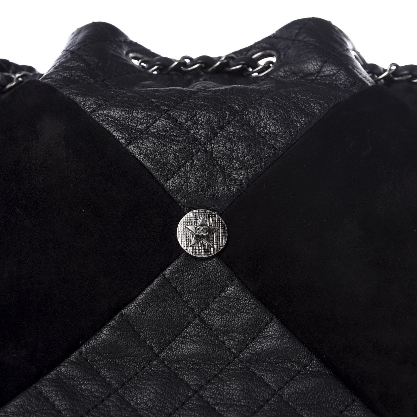Goatskin Suede Calfskin Quilted Patchwork Drawstring Bag Black