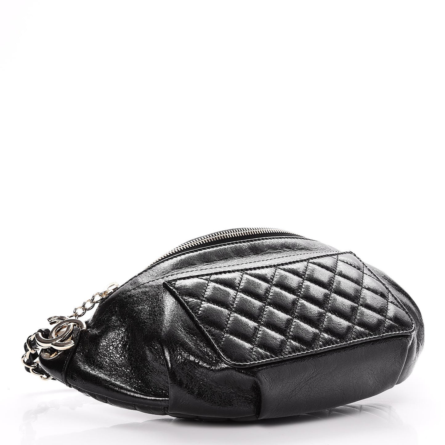 Crumpled Glazed Lambskin Quilted Waist Bag Fanny Pack Black