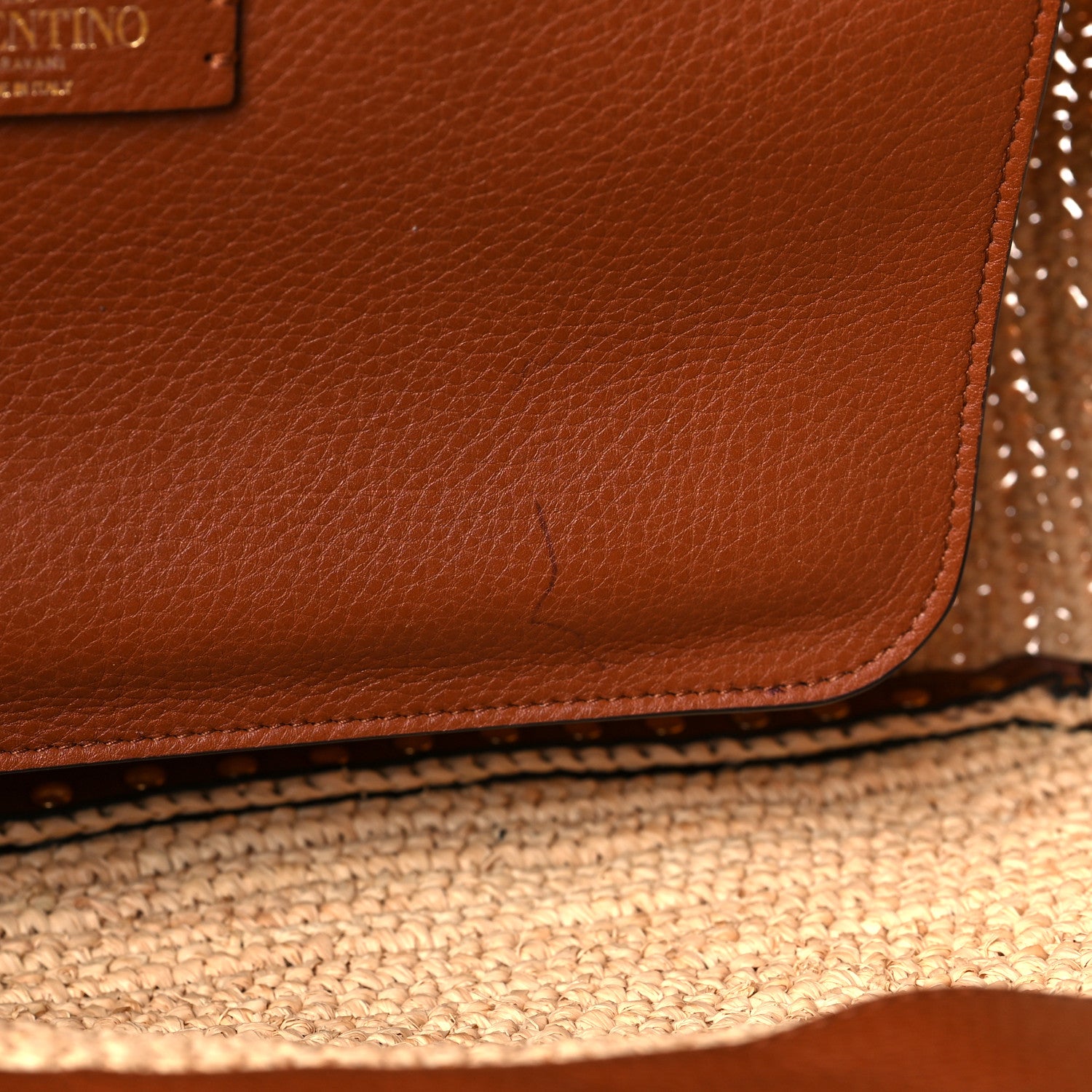 Valentino Garavani Raffia Calfskin Rockstud Tote Naturale Saddle Brown 10 of 10