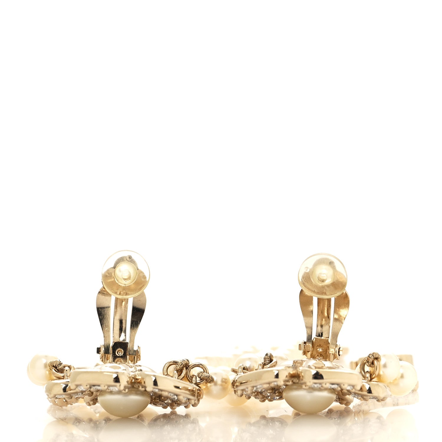 Chanel Pearl Crystal CC Camellia Clip On Earrings Gold 3 of 4