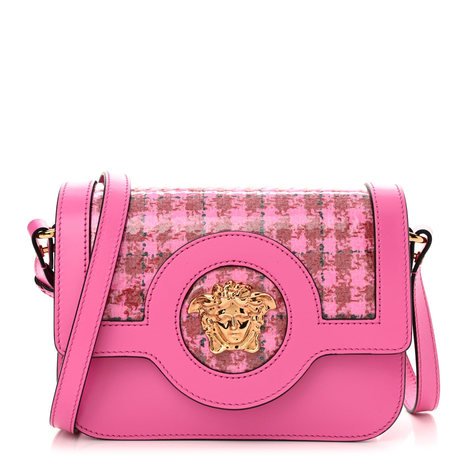 Versace Calfskin Vinyl Small Houndstooth La Medusa Crossbody Bag Pink Multicolor 1 of 9