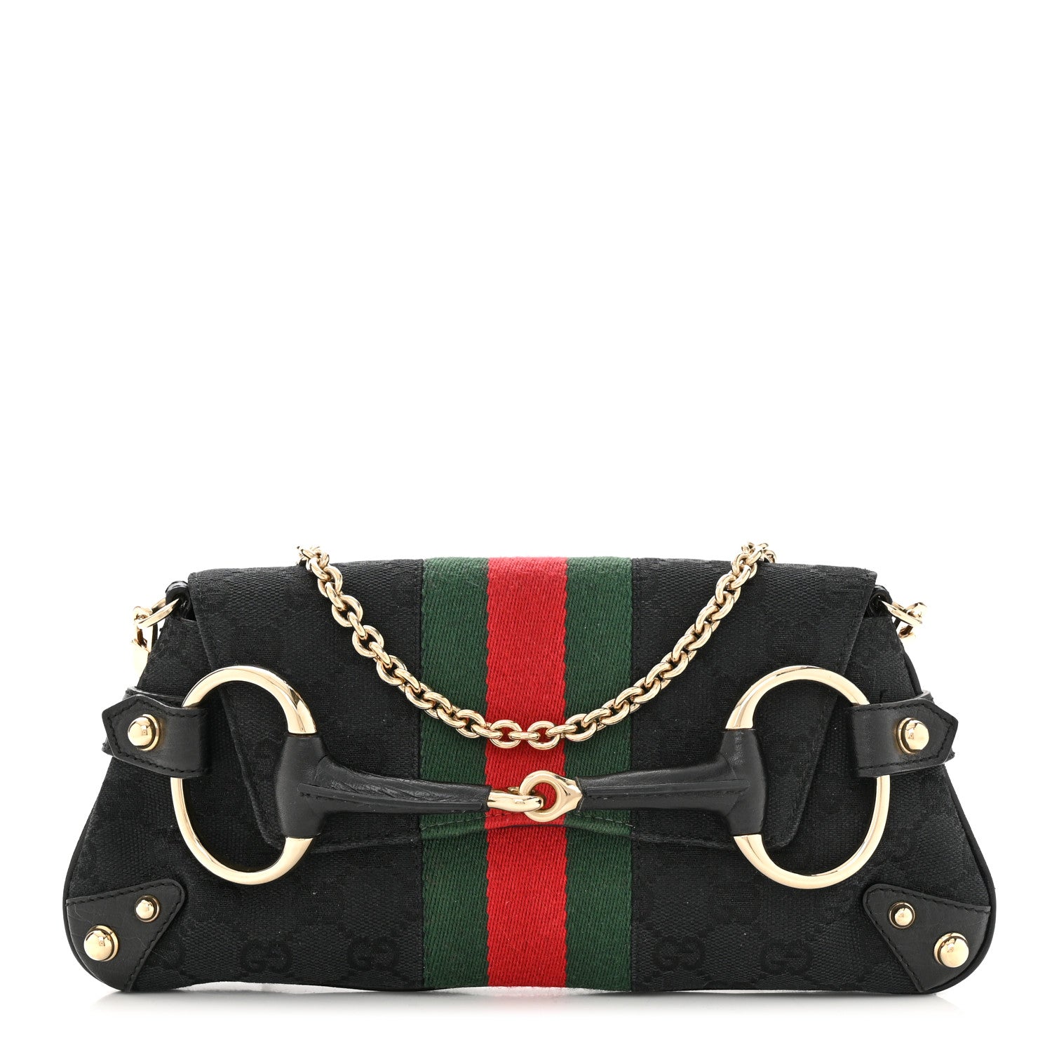 Gucci Monogram Web Horsebit Chain Clutch Black 1 of 11