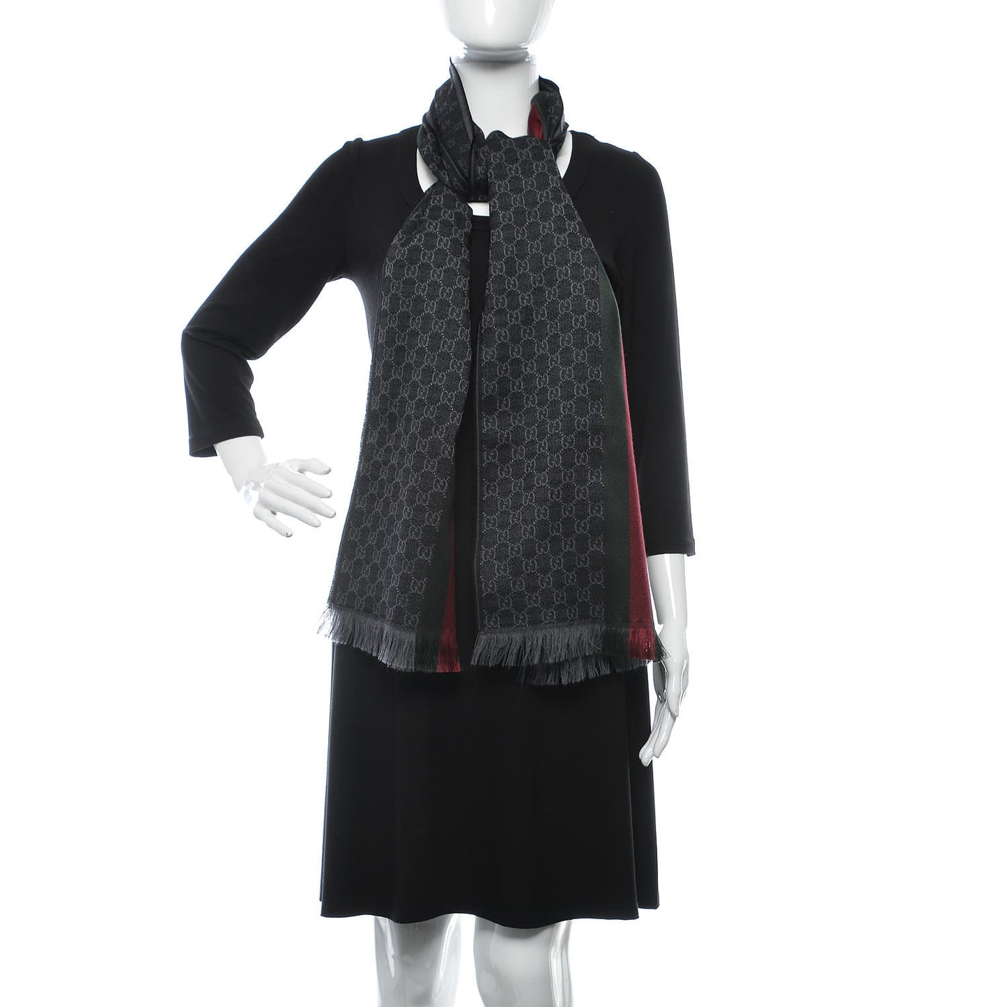 Wool Silk GG Monogram Web Verbier Fringe Scarf Black
