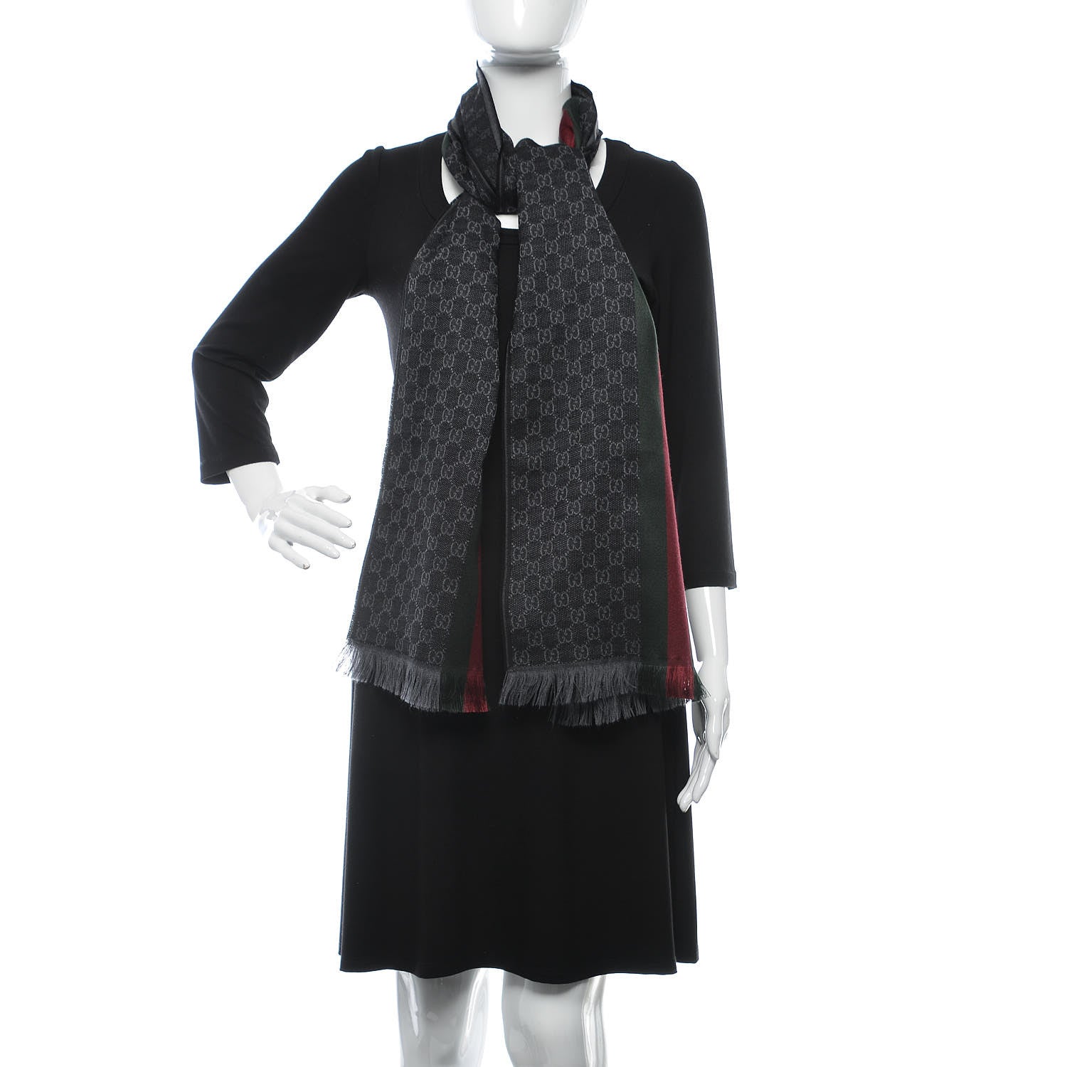Gucci Wool Silk GG Monogram Web Verbier Fringe Scarf Black 2 of 5