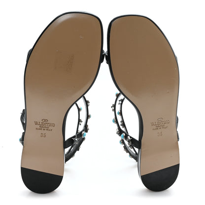 Valentino Garavani Calfskin Rockstud Rolling Ankle Wrap Flat Sandals 35 Black 6 of 8