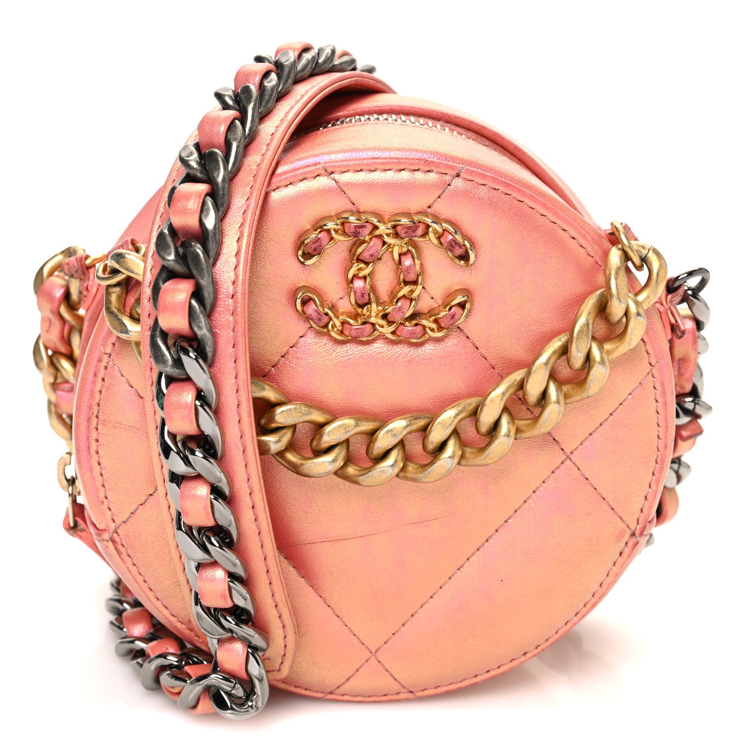 Chanel Iridescent Calfskin Quilted Chanel 19 Round Clutch With Chain Pink 1 of 11