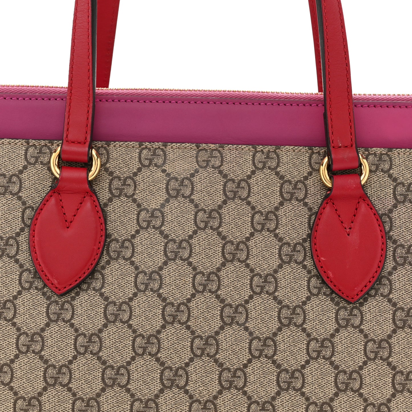 GG Supreme Monogram Medium Zippered Bucket Tote Beige Hibiscus Red New Rosette