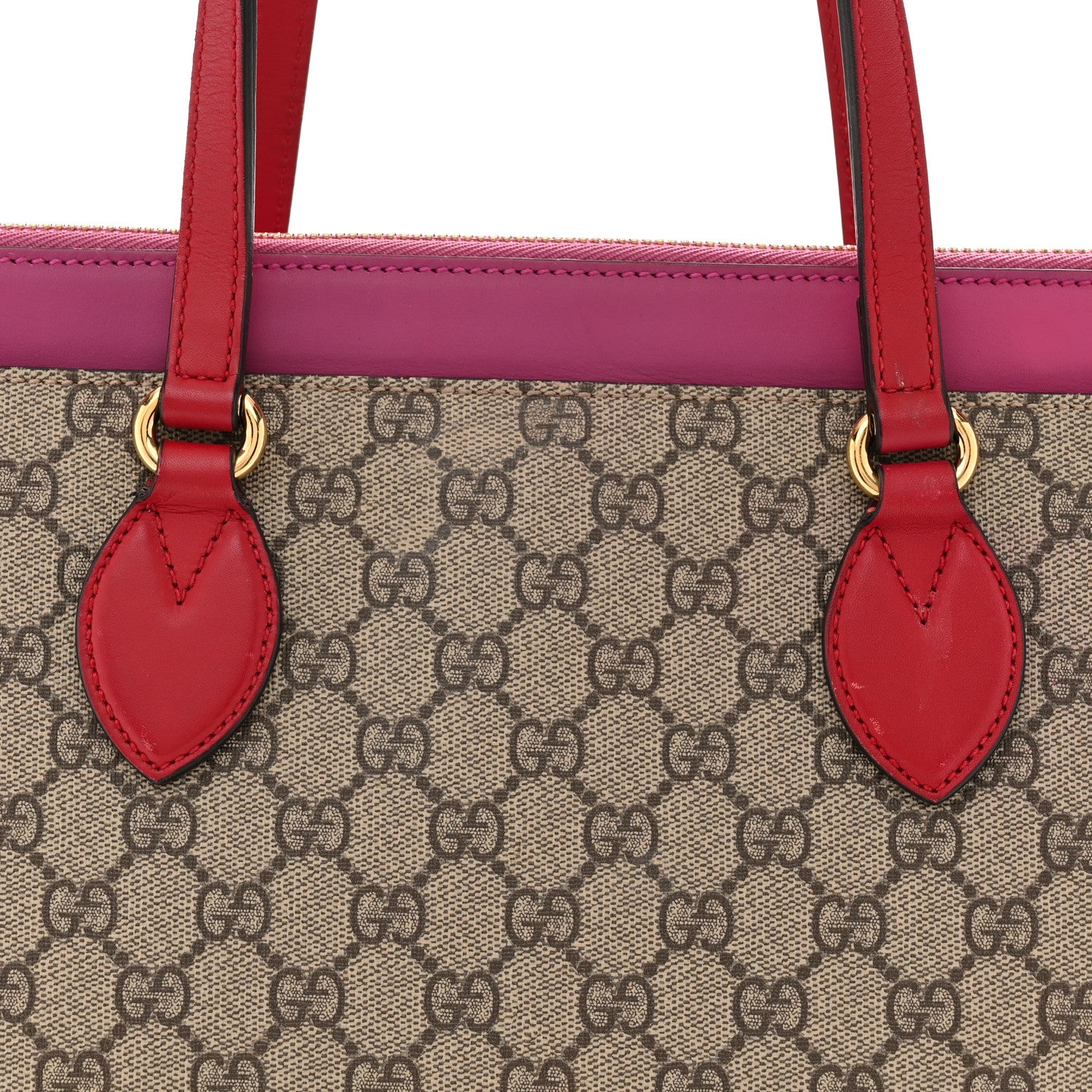 Gucci GG Supreme Monogram Medium Zippered Bucket Tote Beige Hibiscus Red New Rosette 8 of 12