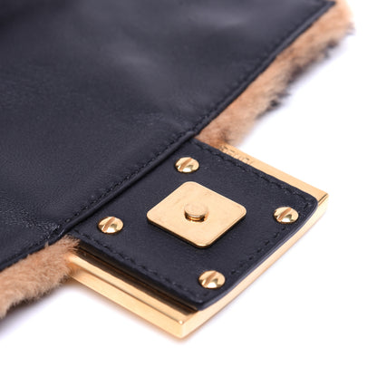 Fendi Shearling Vitello Dolce Macro FF 1974 Mini Baguette Tobacco Black 15 of 15
