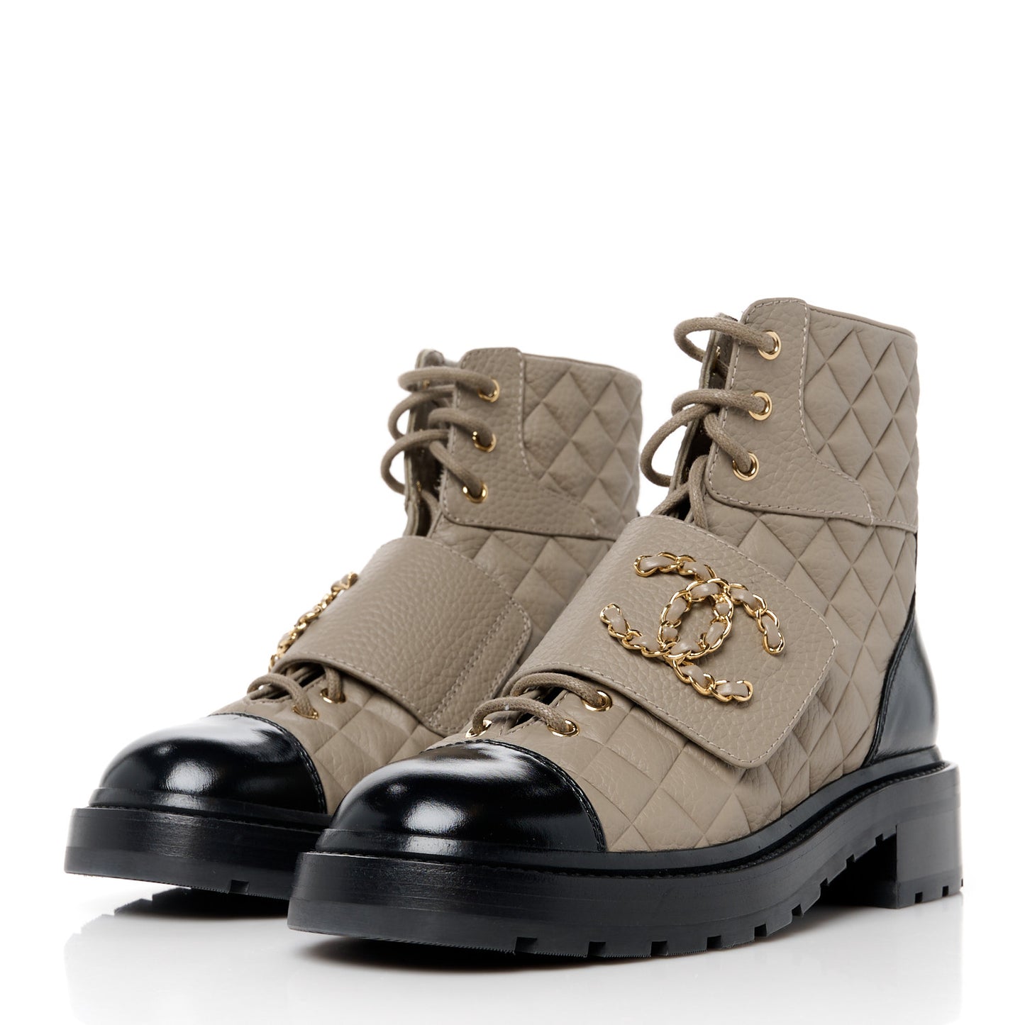 Calfskin Shiny Calfskin Quilted Lace Up Combat Boots 38 Dark Beige Black