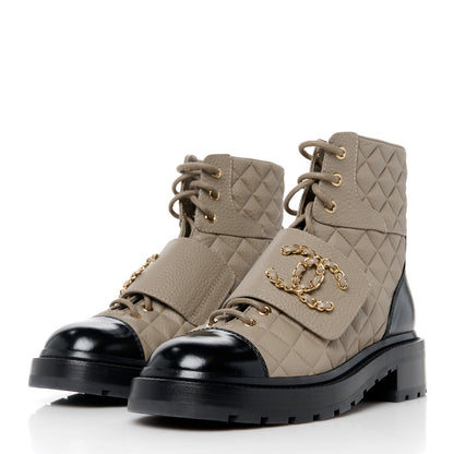 Chanel Calfskin Shiny Calfskin Quilted Lace Up Combat Boots 38 Dark Beige Black 3 of 9