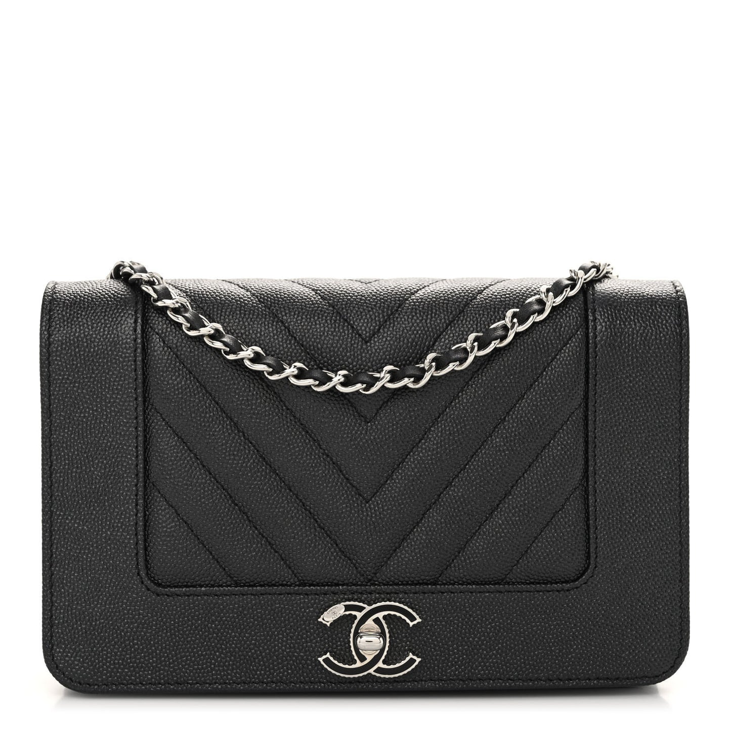 Metallic Caviar Chevron Quilted Vintage Mademoiselle Wallet On Chain WOC Charcoal