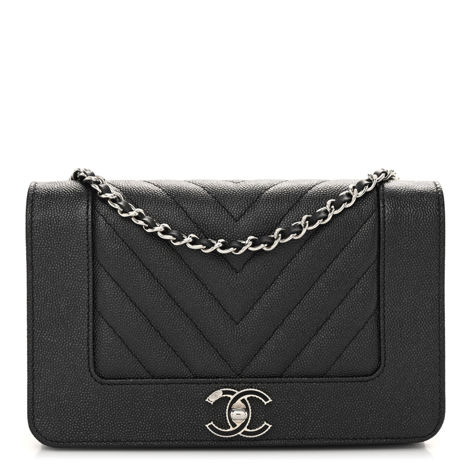 Chanel Metallic Caviar Chevron Quilted Vintage Mademoiselle Wallet On Chain WOC Charcoal 1 of 10
