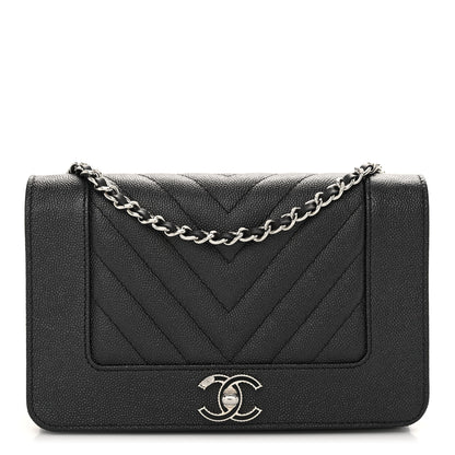 Chanel Metallic Caviar Chevron Quilted Vintage Mademoiselle Wallet On Chain WOC Charcoal 1 of 10