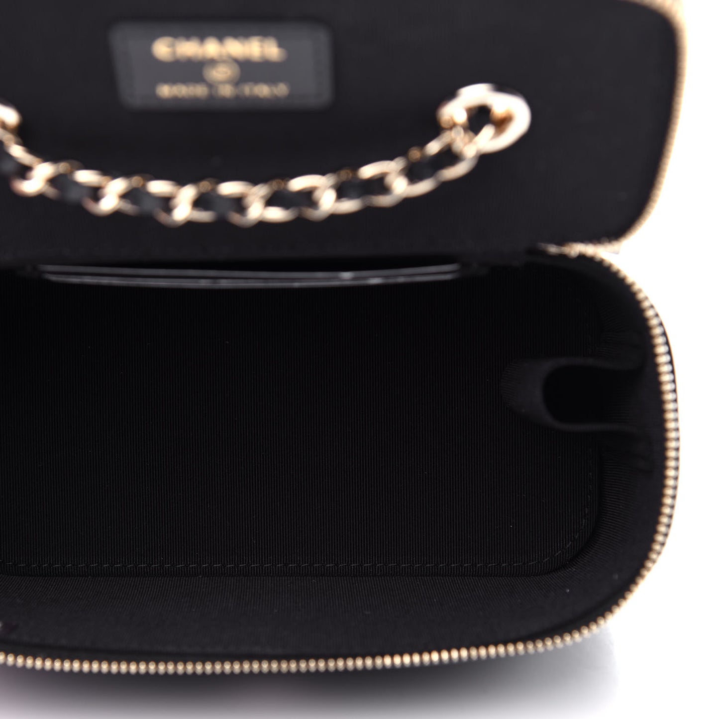 Goatskin Camellia Embossed Quilted Small Vanity Case With Chain Black