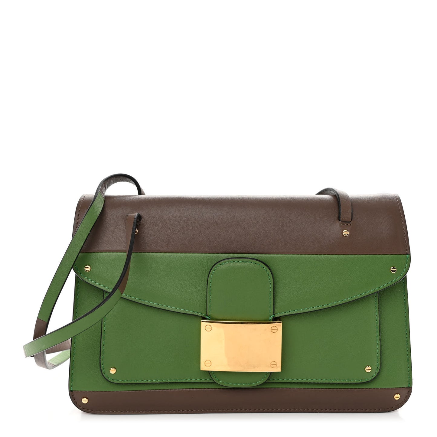 Calfskin Rivet Colorblock Double Handle Shoulder Bag Brown Green