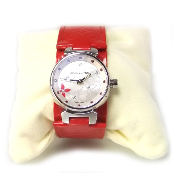 Stainless Steel Vernis Diamond Ruby Mother of Pearl 28mm Tambour Quartz Watch
