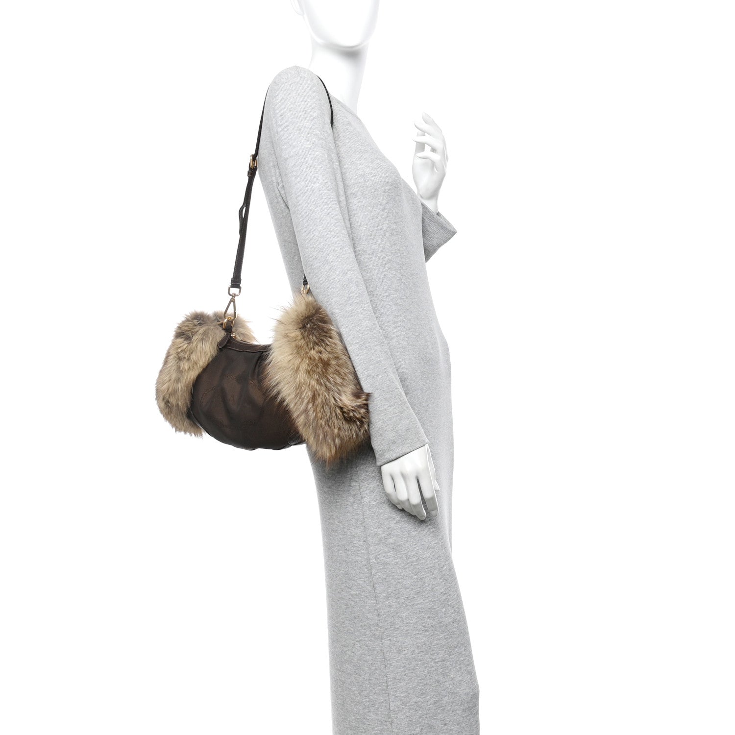 Prada Fox Fur Jacquard Logo Hand Muff Hobo Corda Bruciato 2 of 15