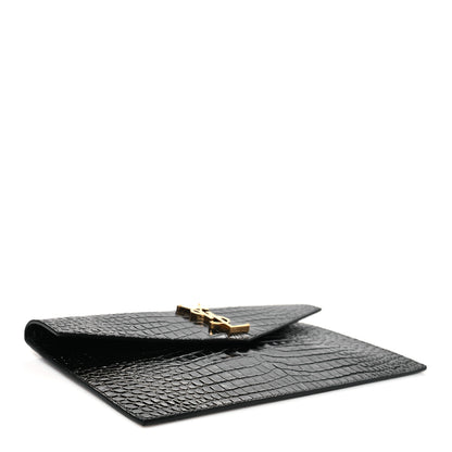 Saint Laurent Calfskin Crocodile Embossed Uptown Monogram Pouch Black 4 of 8