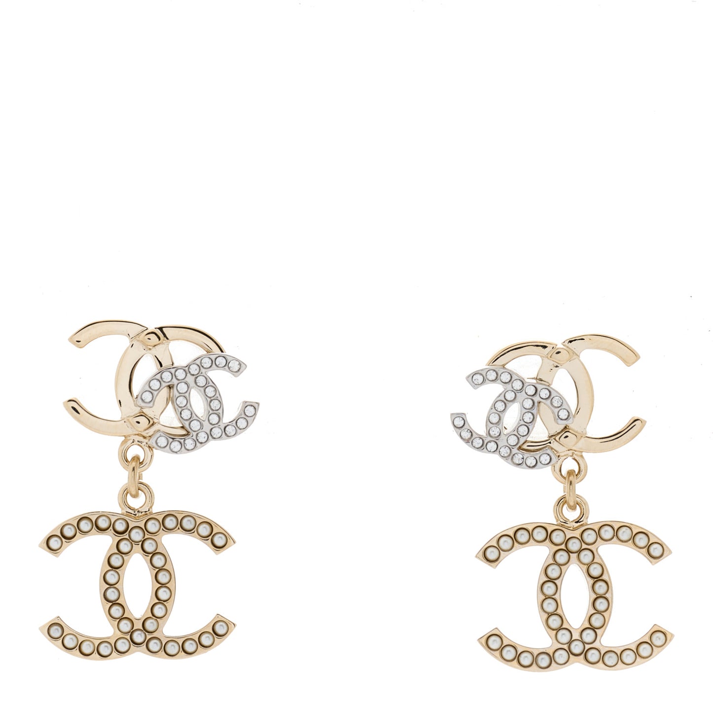 Crystal Pearl Double CC Drop Earrings Gold Silver