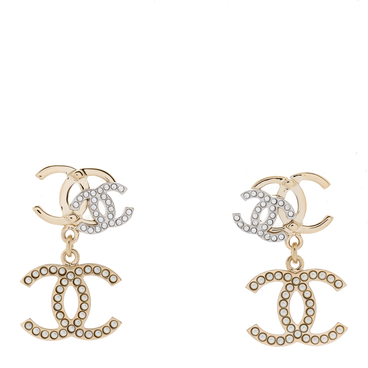Chanel Crystal Pearl Double CC Drop Earrings Gold Silver 1 of 3