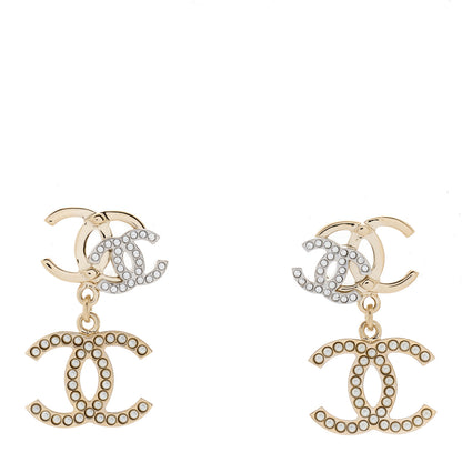 Chanel Crystal Pearl Double CC Drop Earrings Gold Silver 1 of 3