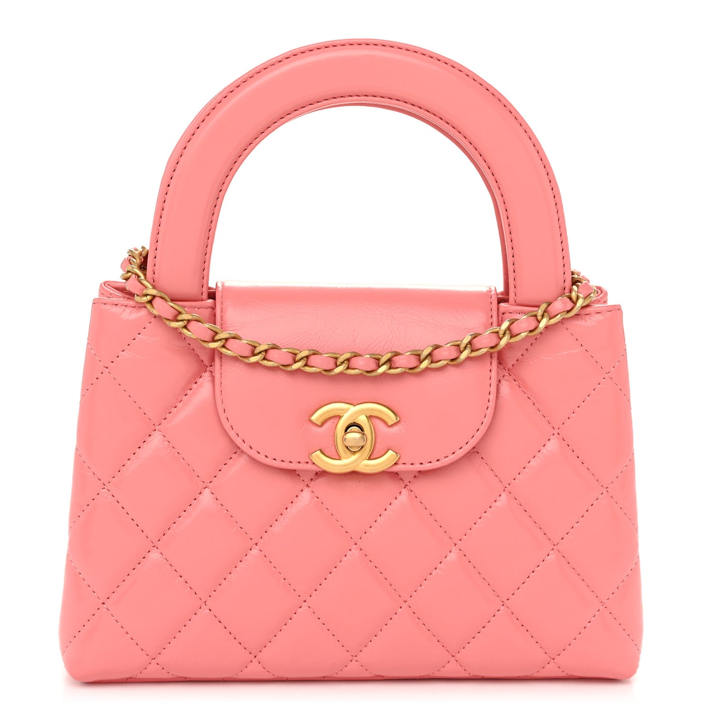 Shiny Aged Calfskin Quilted Nano Kelly Shopper Coral Pink