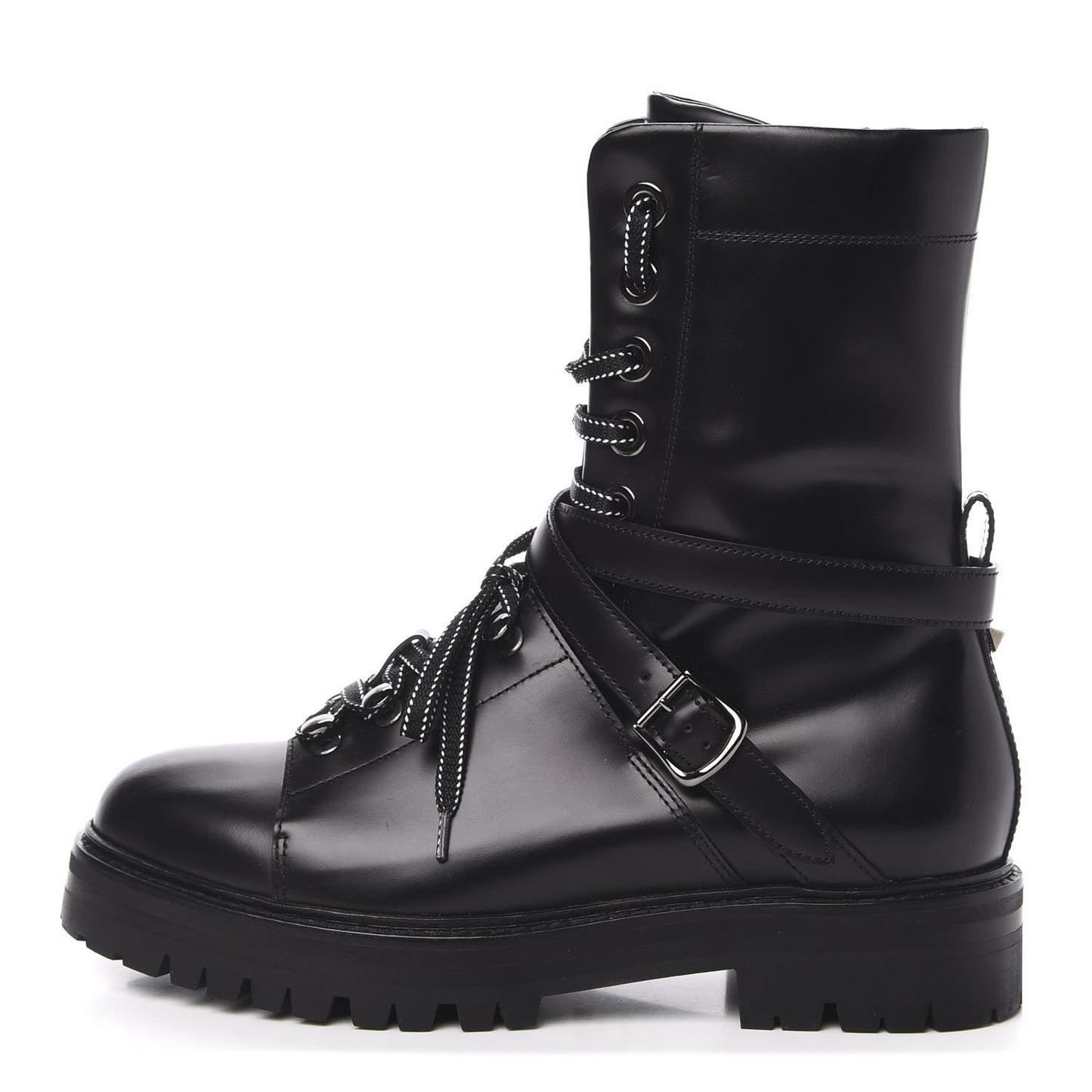Smooth Calfskin Rockstud Buckled 25mm Combat Boots 38 Black