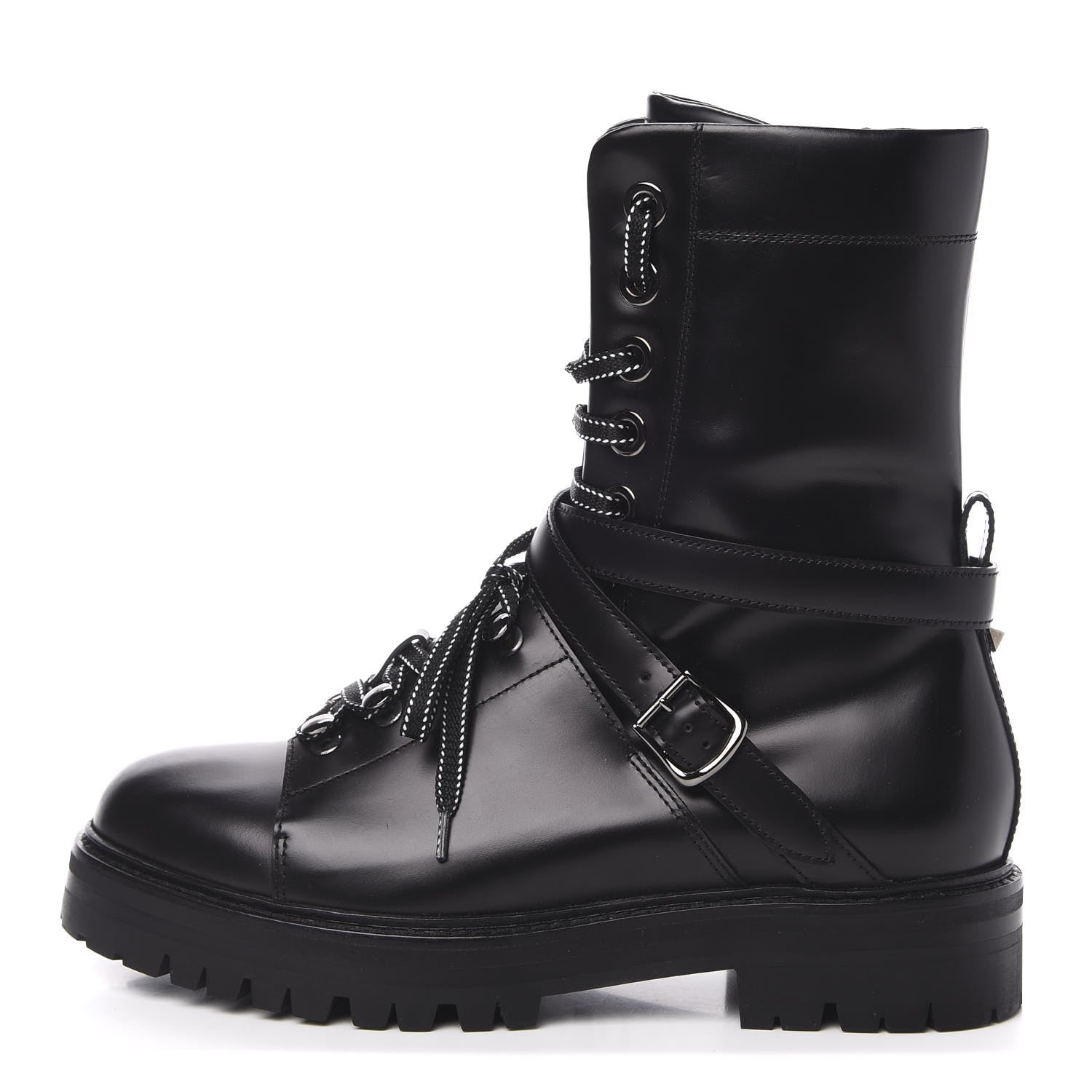 Valentino Garavani Smooth Calfskin Rockstud Buckled 25mm Combat Boots 38 Black 1 of 8