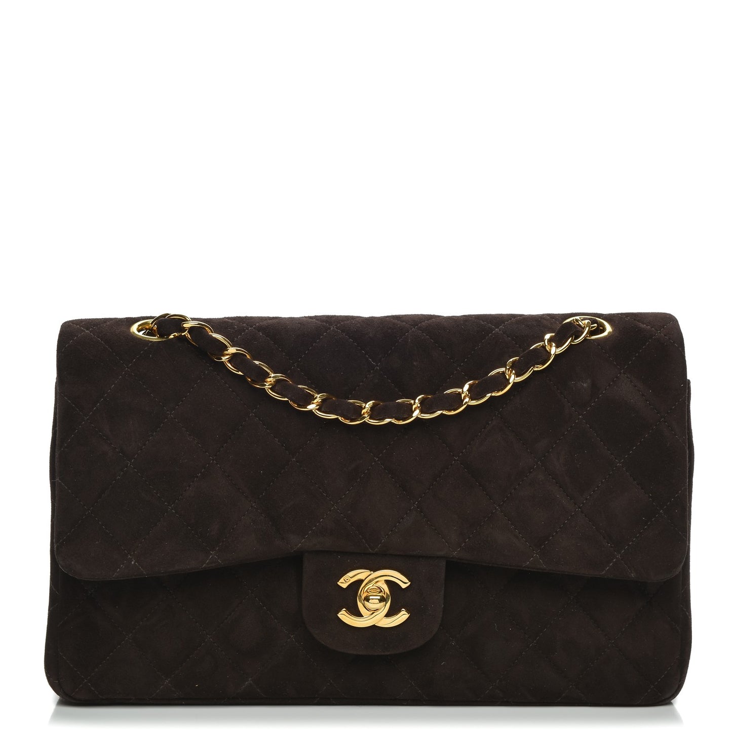 Suede Quilted Medium Double Flap Bag Brown