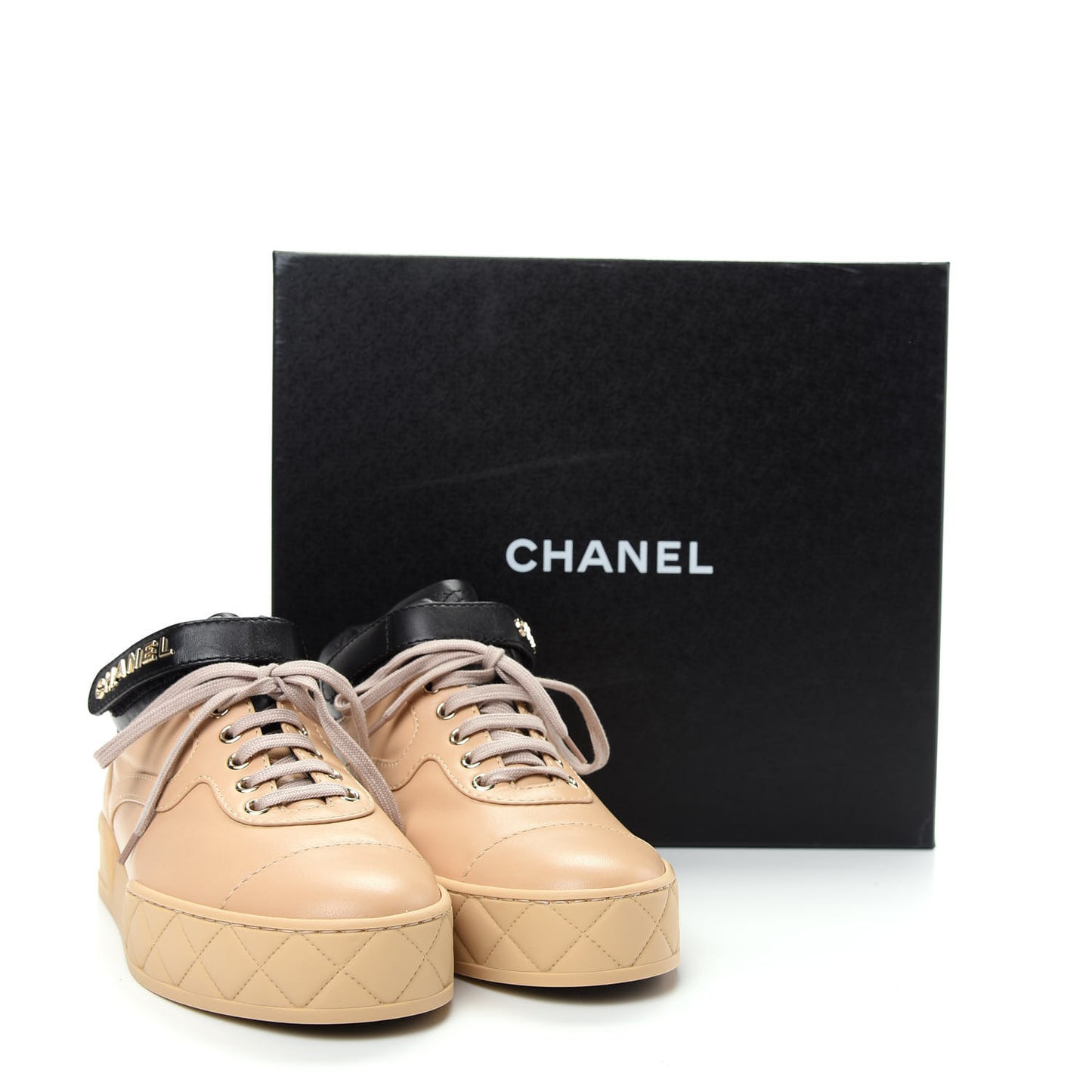Lambskin Logo Strap Sneakers 39.5 Beige Black
