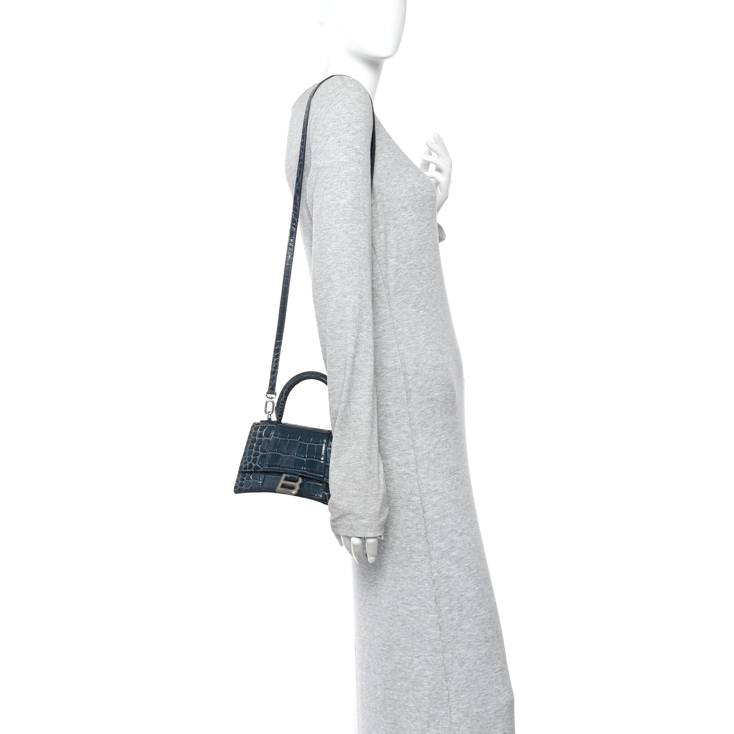 Balenciaga Shiny Calfskin Crocodile Embossed Hourglass Top Handle Bag XS Denim Blue 2 of 12