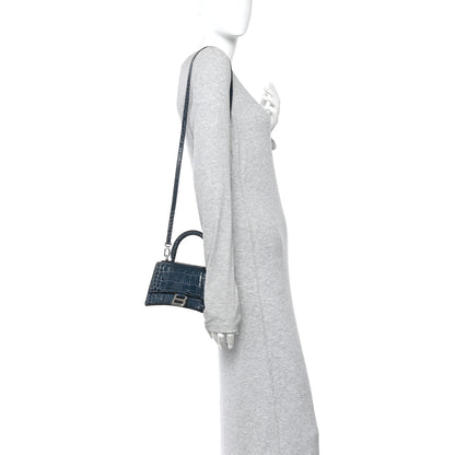 Balenciaga Shiny Calfskin Crocodile Embossed Hourglass Top Handle Bag XS Denim Blue 2 of 12
