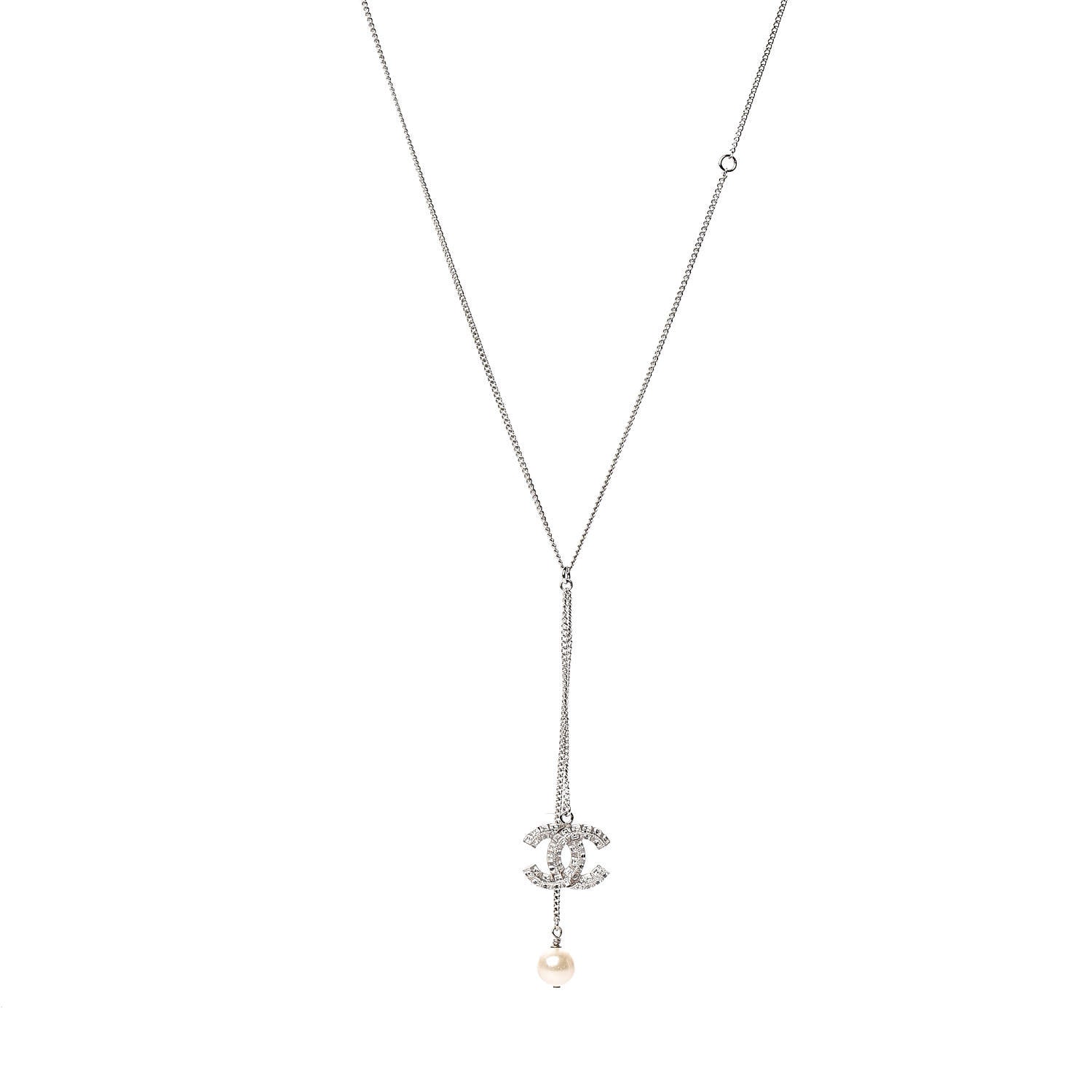 Chanel Baguette Crystal Pearl CC Lariat Necklace Silver 1 of 6