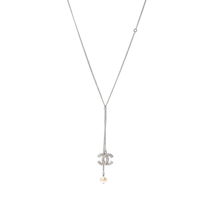 Chanel Baguette Crystal Pearl CC Lariat Necklace Silver 1 of 6