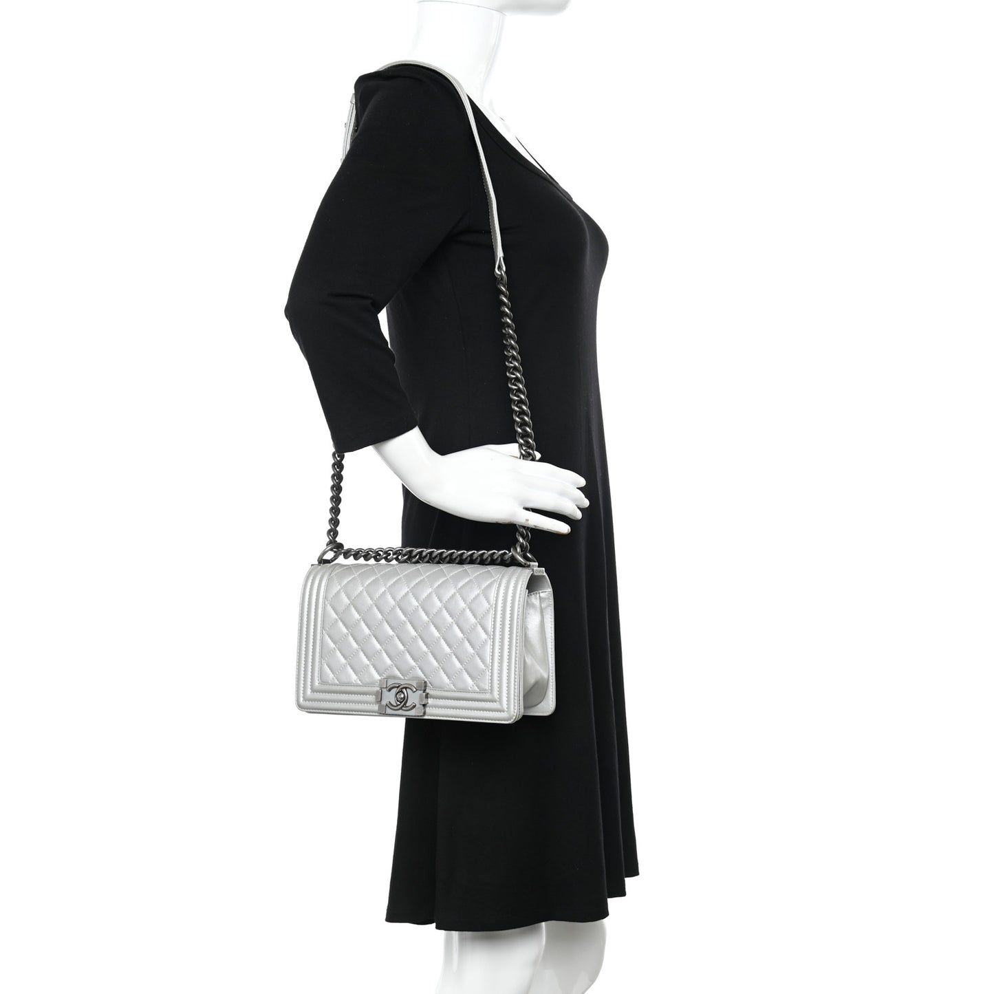 Metallic Lambskin Quilted Medium Boy Flap Silver