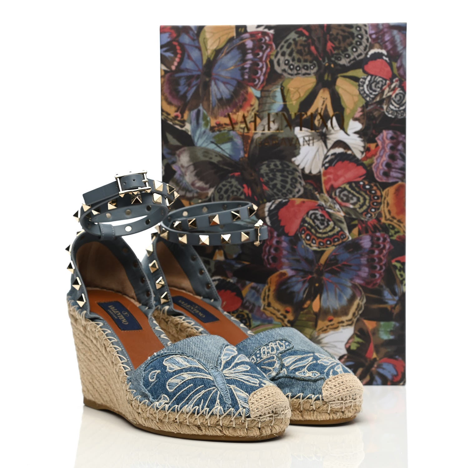Valentino Garavani Denim Butterfly Embroidered Rockstud Ankle Wrap Espadrille 15/85mm Wedges 36 Light Denim 10 of 10