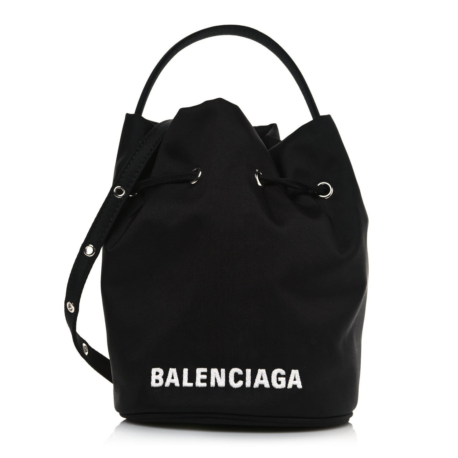 Balenciaga Recycled Sport Nylon Logo Embroidered Wheel Drawstring Bucket Bag Black White 1 of 11