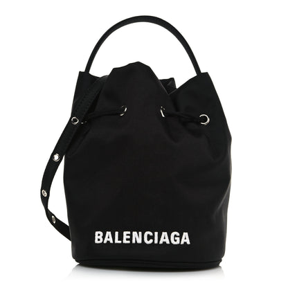 Balenciaga Recycled Sport Nylon Logo Embroidered Wheel Drawstring Bucket Bag Black White 1 of 11