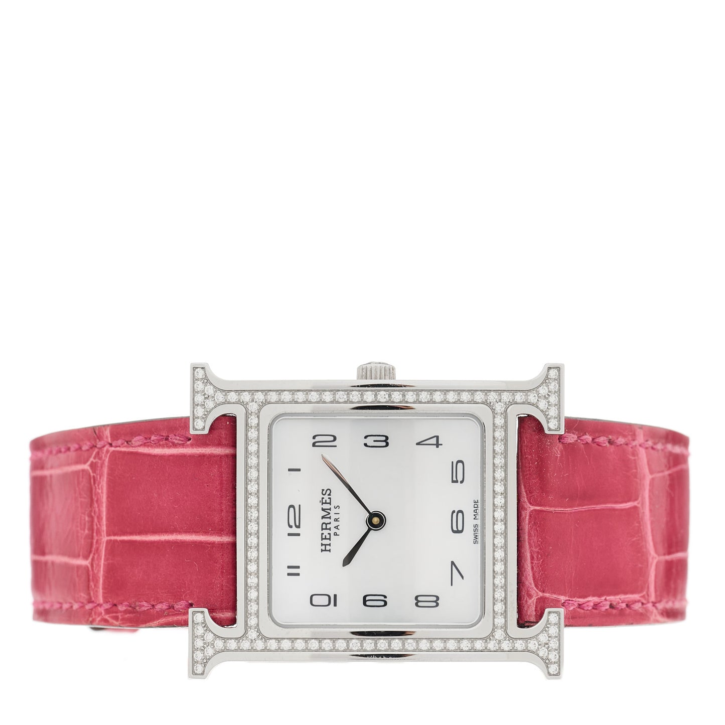 Stainless Steel Alligator Diamond Bezel Mother of Pearl 26mm Heure H Hour Quartz Watch Framboise